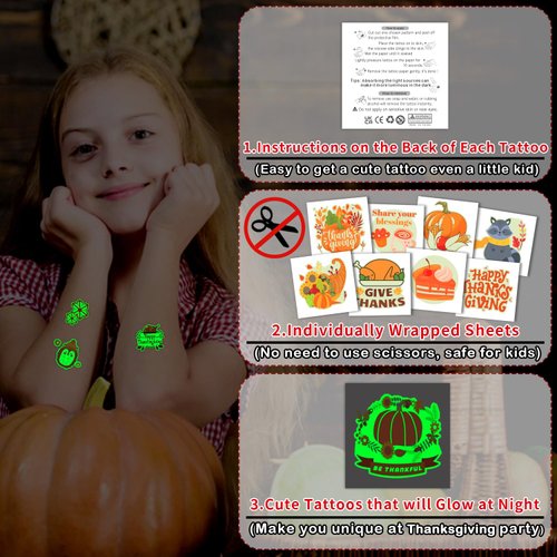 Partywind 204 Glow Styles Thanksgiving Decorations Tattoos for Kids, Individually Cut Tattoos for Thanksgiving Fall Autumn Party Supplies, Turkey Pumpkins Tattoo Stickers Crafts Games