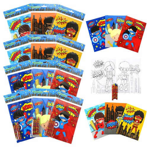 Tiny Mills Superhero Coloring Books for Kids with 12 Coloring Books and 48 Crayons Party Favors, Superhero Prizes, Favor Bag Filler, Superhero Party Supplies