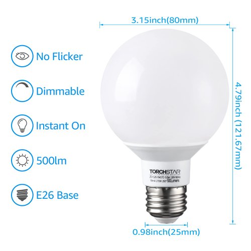 TORCHSTAR G25 LED Globe Light Bulbs, Dimmable, 2700K Soft White, Vanity Light Bulb, UL & Energy Star Listed, E26 Base, Pack of 6