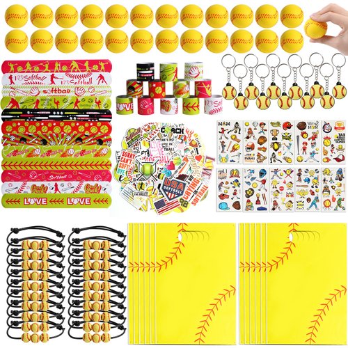 295 Pieces Softball Party Favors Supplies Set Bulk Mini Softball Slap Bracelet Tattoo Sticker Keychain Adjustable Bracelet Goodie Bag Fillers for Sports Softball Party Gifts Bags (Softball)