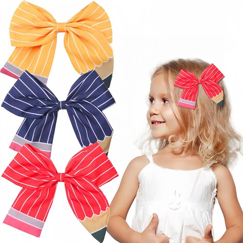 HAIMITI Back to School Hair Bows Pencil Hair Clips Yellow Red Blue Big Hair Bow Clip Stripe Cute ...