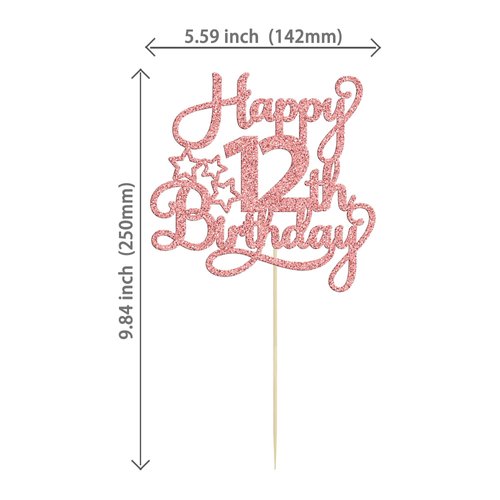1 Pack Happy 12th Birthday Cake Topper Glitter Heart Star 12 Fabulous Cake Pick Birthday Sign Cake Decorations for Children 12th Birthday Theme Party Supplies Rose Gold