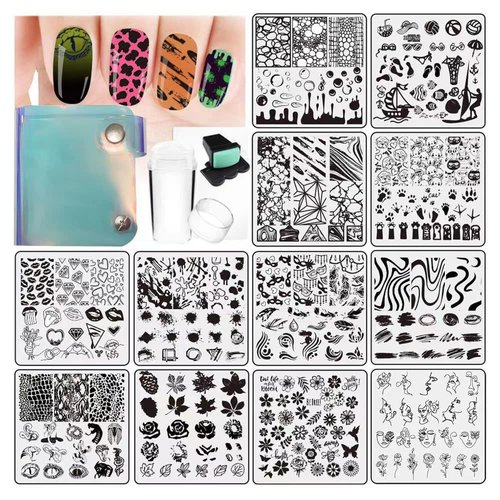 VNC Nail Stamping Plates Set 12pcs Nail Plates 1 nail art stamper 1scraper 1storage bag Nail Art plate Template Image Plate Stencil Nails Tool Set