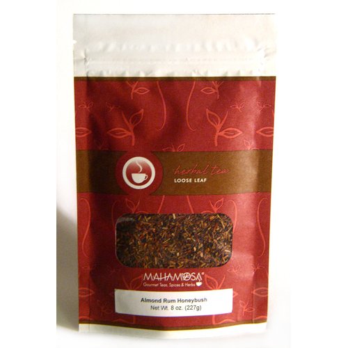 Mahamosa Almond Rum Honeybush Tea 8 oz, Loose Leaf Honeybush Herbal Tea Blend (honeybush, almond, safflower with almond, macadamia nut and rum flavor), Dessert Tea