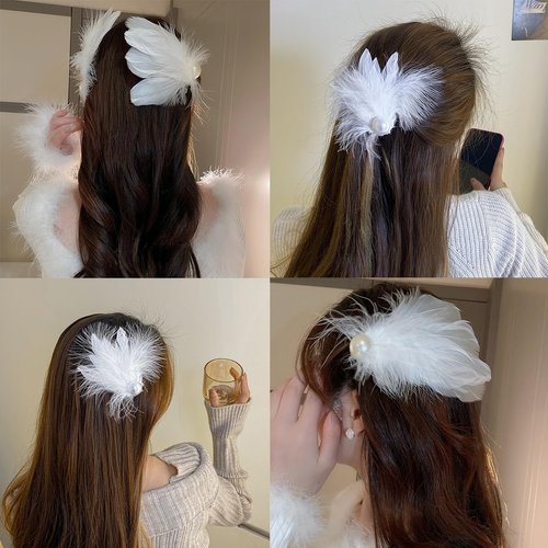 4Pcs White Feather Hair Clip Artificial Swan Ostrich Feather Faux Pearl Ballet Style Hair Pins Accessories for Women Girls Bride Party Festival Stage Performance Headpiece