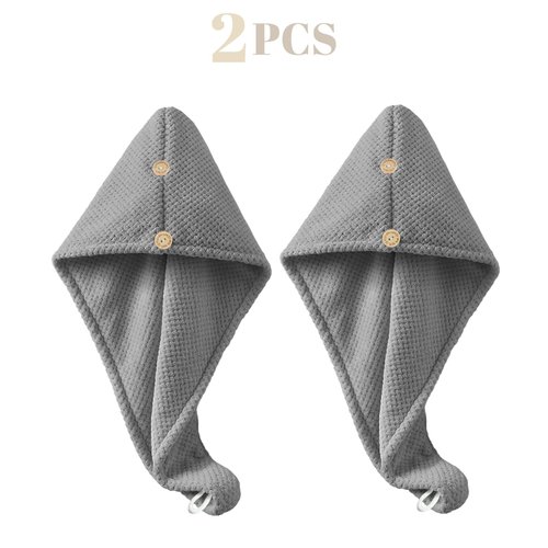 MaopaoBeauty 2Pack Long Hair Head Turban Wraps with Pineapple Plaid Design Microfiber Hair Towel Wrap with Double Buttons to Dry All Wet Hair Style Quickly(2pcsGray)