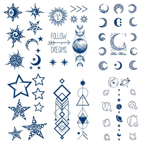 Semi Permanent Tattoo Stickers - Pack of 6, Waterproof Temporary Tattoos Fake Tattoos with Space, Stars, Moon, Sun, Totem, Planets Designs