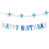 Zwiebeco Blue White Silver Happy Birthday Banner Sign Airplane Clouds Theme Birthday Banner Hanging Paper Birthday Party Decorations Supplies for Babys Kids Boys Girls Children's Birthday Decorations