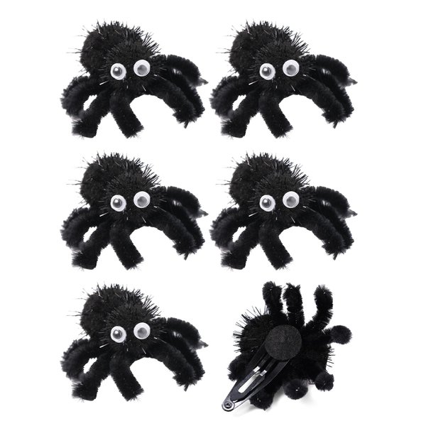 PinkSheep Halloween Spider Hair Clip for Kids Girl, 2 Inches, 6 Pieces, Furry Fabric Hair Accessories, Halloween Costume Decoration, Crazy Hair Day Accessories