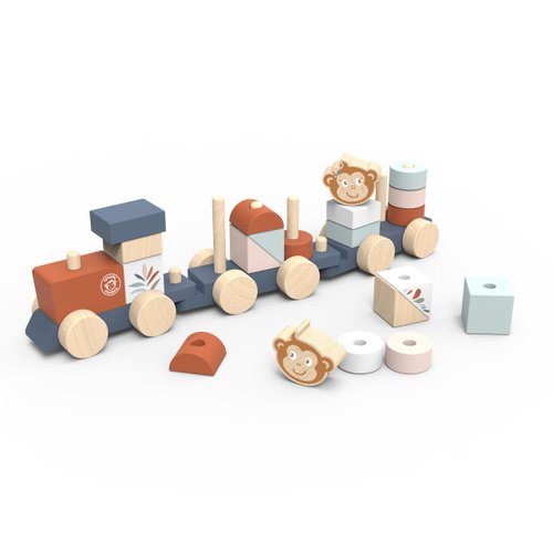 SPEEDY MONKEY Wooden Pull-Along Train Stacker – Soft Colors, Monkey Character, Stacking Blocks, Build Houses | Non-Toxic Paint, Creative Fun, Ideal for Kids 1 Year+, Educational Toy for Toddlers.