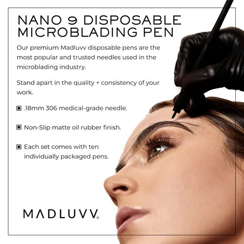 MADLUVV Nano 9 Professional Brow Artistry Pens for Flawless Eyebrows, Premium Pens for Pigment Ink, 18mm Sterile Disposable Micro Brow Sharp – 10 Pack