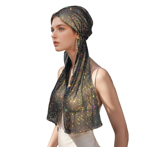 Munyee Hua Vintage Long Rhinestone Head Scarf for Women Bling Headpiece Elastic Snood Hijab Cap Mesh Crystal Turban Hats Headband Elegant Bridal Outfits Ball Party Dress(Colorful Black)