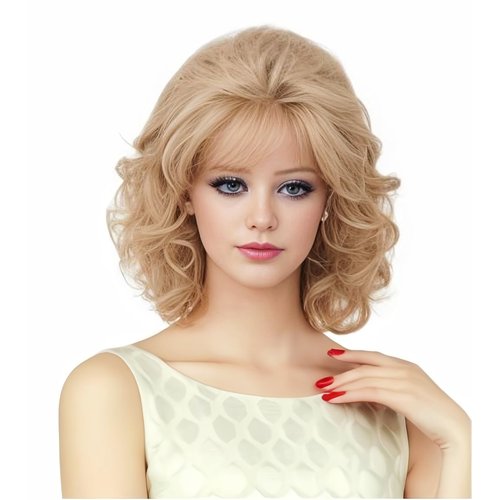 Rugelyss Vintage Short Blonde Beehive Wig with Bangs Curly Wavy Heat Resistant Synthetic Hair Wigs for Women fits 70s 80s Costume or Halloween and Party