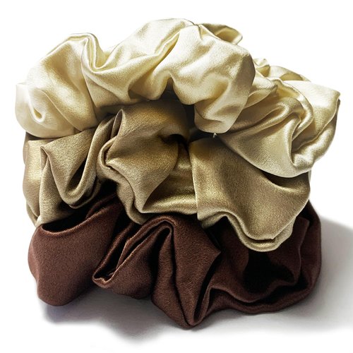 3 Pcs Mulberry Silk Hair Scrunchies For Women Stain Silk Hair Band Hair Elastic Ponytail Holders (Taupe/Dark Taupe/Chocolate)