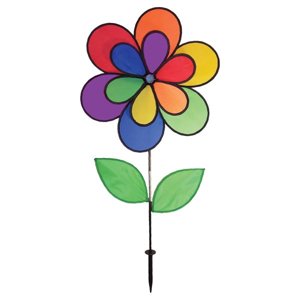 In the Breeze Double Wheel Rainbow Flower with Leaves - Ground Stake Included - Colorful Wind Spinner for your Yard and Garden,2829