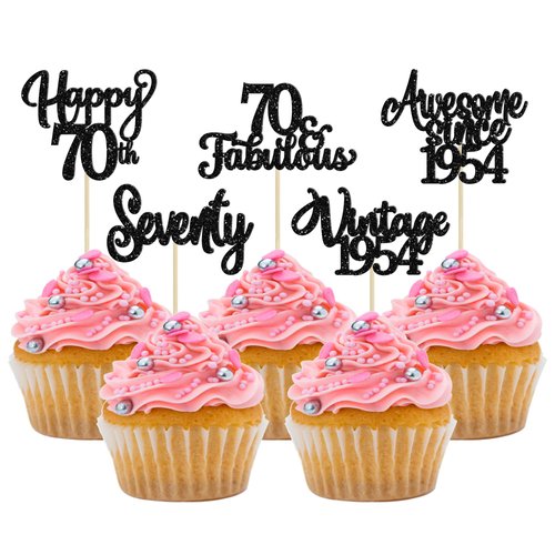 30Pcs Happy 70th Birthday Cupcake Toppers Glitter Seventy Vintage 1954 Cupcake Picks Cheers to 70 Fabulous Cake Decorations for 70th Birthday Wedding Anniversary Party Supplies Black