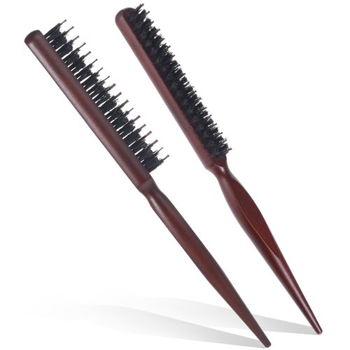 JIYIN Teasing Brush for Fine Hair, Boar Bristle Teasing Brush Hair Teasing Comb with Rat Tail Handle Wood Handle Slick Back Comb Nylon Bristle Styling Brush for Women Rat Tail Handle Comb(2PCS)