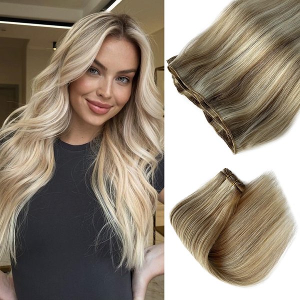 Blonde Weft Hair Extensions Human Hair for Women Highlights Light Brown To Platinum Blonde Hair Extensions 100% Real Human Hair 22" Brown Sew In Human Hair Extensions Silky Soft Natural Hair Full Ends