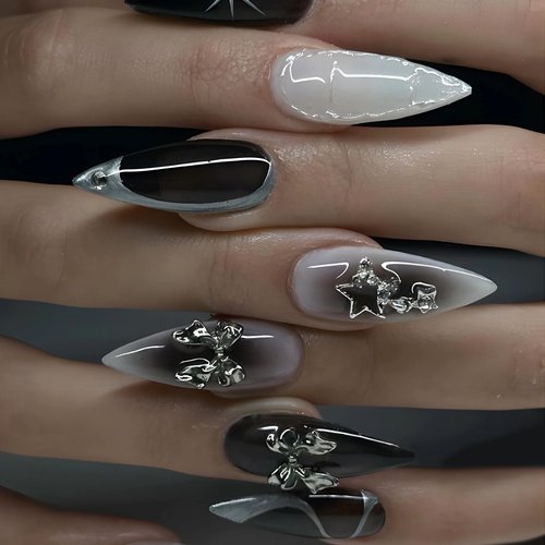MISUD Press on Nails Medium Almond Fake Nails Glossy Glue on Nails Goth Black Ombre Acrylic Nails Stiletto Artificial Nails Star Rhinestone Bow Stick on False Nails with Design 24 pcs