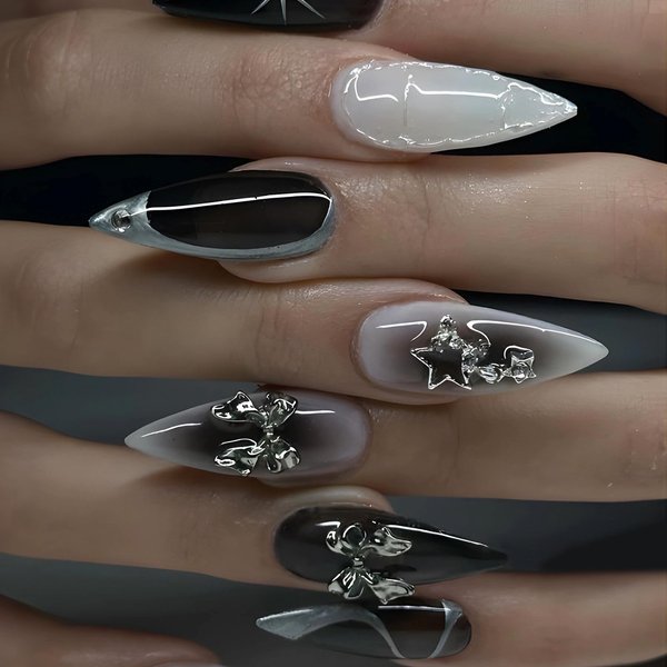 MISUD Press on Nails Medium Almond Fake Nails Glossy Glue on Nails Goth Black Ombre Acrylic Nails Stiletto Artificial Nails Star Rhinestone Bow Stick on False Nails with Design 24 pcs