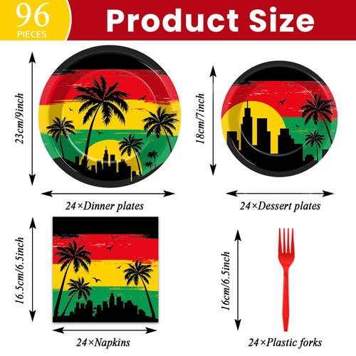 gisgfim 96Pcs Jamaican Music Birthday Party Plates and Napkin Jamaican Rastafari Party Supplies Palm Tree Grafitti Tableware Dinnerware Set Jamaica Paper Dinner Dessert Plate Party Decoration Serve 24