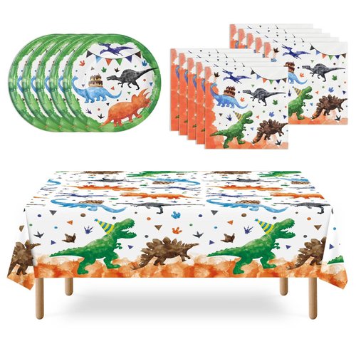 WERNNSAI Watercolor Dinosaur Party Supplies - 33 Pcs Dinosaur Party Plates Napkins and Tablecloth for Boys Disposable Birthday Party Decorations Dessert Plates Napkins Tableware Serves 16 Guests