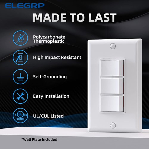 ELEGRP Decorator Triple Rocker Light Switch, Electrical Three Single Pole Paddle Switch, 15A, 125V, in-Wall On/Off Switch, Self-grounding, Wall Plate is Included, UL Listed (1 Pack, Glossy White)