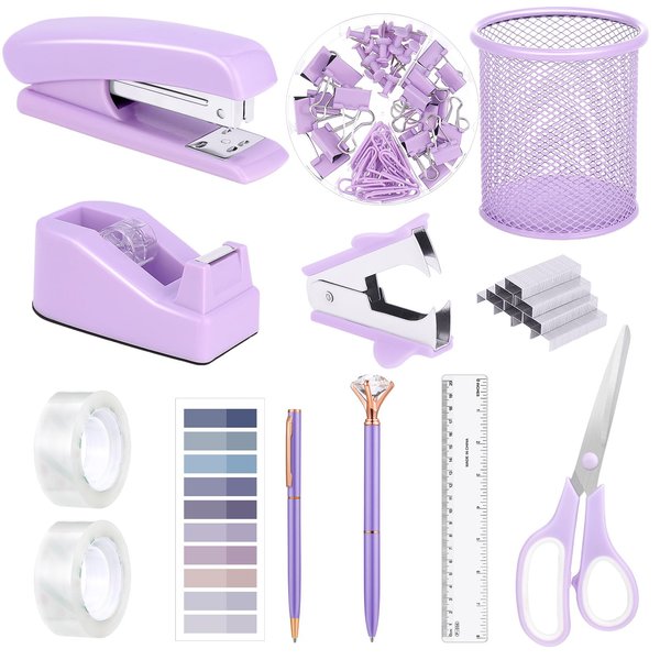 13 in 1 Purple Gift Office Supplies Set, Purple Stapler and Tape Dispenser Desk Accessories for Women with Stapler,Tape Dispenser,1000 Staple,Pen Holder,Staple Remover,Clip,Ruler,Scissor, Tab,Tape,Pen