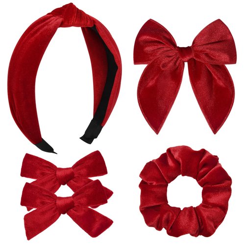 DEEKA Velvet Hair Bows & Knotted Headband & Scrunchy Fable Hair Bow Headband Set Velvet Scrunchies Alligator Clips for Toddler Girls Hair Accessories for Women and Girls (Red)