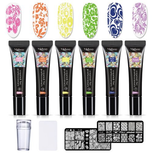 Mobray Nail Stamping Polish Gel 8 ml, 6 Colors UV LED Nail Stamper Kit with 1*Head Stamper 1*Scraper And 2*Leaves Flowers Animal Pattern Nail Stamping Plates Nail Polish Stamping Kit for Women Girls