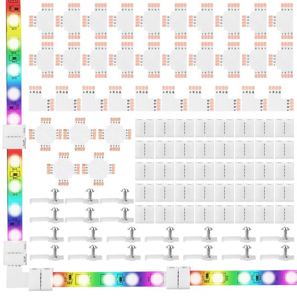 Mudder 95 Pieces 4 Pin LED Light Strip Connectors Set Including Screw Clips, 4 Pin LED Connectors, Cuttable T, L and X Shape PCB Board for SMD 5050 10 mm RGB LED Strip Lights Gapless Connector