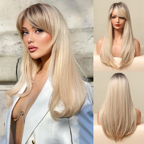 Honygebia Long Blonde Wig with Bangs - Ombre Dark Root Blonde Wigs for White Women, Striaght Wavy Synthetic Heat Resistant Hair, Natural Cute Wigs for Thanksgiving/Christmas/Cosplay/Party