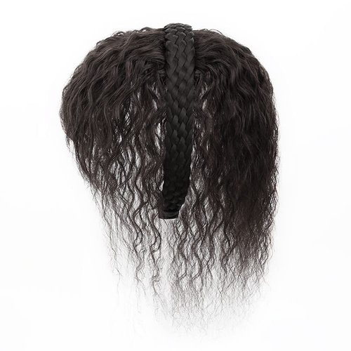 viviaBella Women 10" Twist Braid Headband Straight Hairpieces Human Hair Clip In Topper Hair Extensions With Bangs Natural Black (Curly Natural Black)