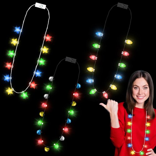Light Up Christmas Necklace, 3 PCS Christmas Lights Necklace, Christmas Accessories for Kids, Colorful Christmas Kids Party Favors Stars Bulbs Bells Xmas Glow Necklaces Ugly Sweater Party Supplies