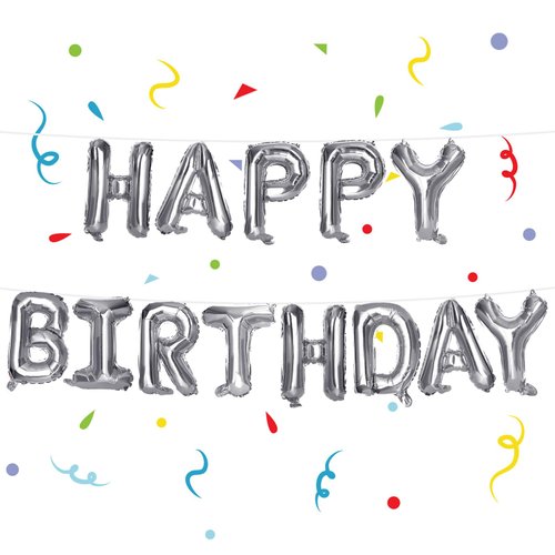 3 otters Happy Birthday Banner, Silver Mylar Foil Letters Balloon Happy Birthday Metallic Balloons Birthday Sign Banner for Kids Party Supplies
