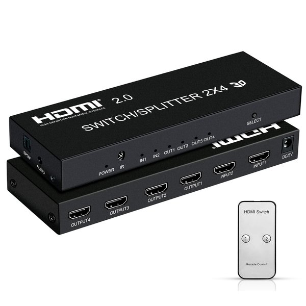 4K@60Hz HDMI Switch Splitter 2 in 4 Out with Remote, avedio links 2x4 HDMI Splitter Switcher 4K with SPDIF & 3.5mm Audio,Support 4K,3D,1080p,HDCP2.2,HDR 10 for PS4,Xbox,Fire Stick,etc