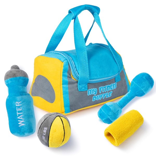 Talking Plush Baby Workout Toys | Baby Crossfit Toy | Plush Fitness Duffle Toy Set | 4 Talking Soft Plush Workout Gear | Medicine Ball, Dumbbells, Sweatband, & Water Bottle | Plush Duffle Bag Carrier