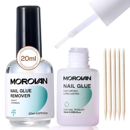 Morovan Nail Glue with Glue Remover Kit: 10ML Super Strong Nail Glue for Press Ons Fake Nails 20ML Quickly Nail Glue Remover for Press On Nails Acrylic Nails Tips
