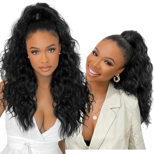 SEIKEA Black Half Up Half Down Ponytail Extension Set, 4PCS 16" Long Wavy Clip in Hair Extensions 3 Style in 1 Tangle-Resistant Natural Soft Thick Fake Wrap Around Ponytail Synthetic Hairpiece
