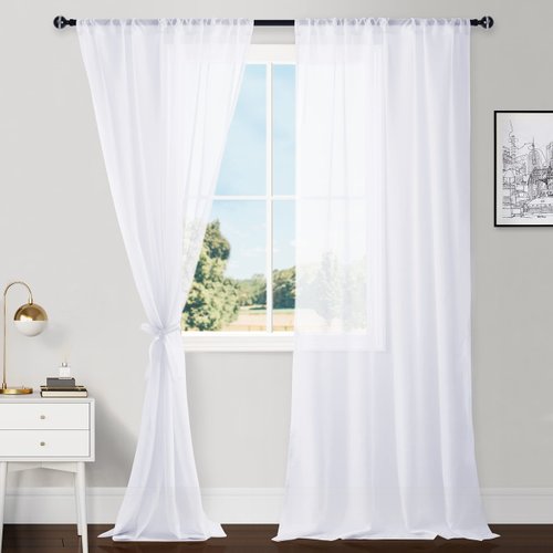 Hiasan White Sheer Curtains for Bedroom with Tiebacks, Rod Pocket Light Filtering Voile Drapes Airy Breathable Window Curtains for Living Room and Sliding Door, W52 x L108, Set of 2 Soft Panels