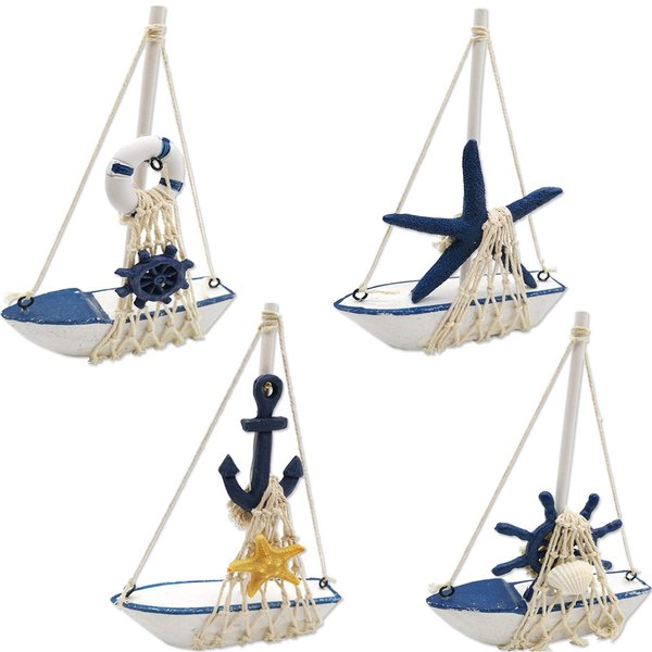 TIHOOD 4PCS Mini Sailboat Model Decoration Wooden Miniature Sailing Boat Home Decor Set, Beach Nautical Design, Navy Blue and White, 4.4 x 6.8 Inch