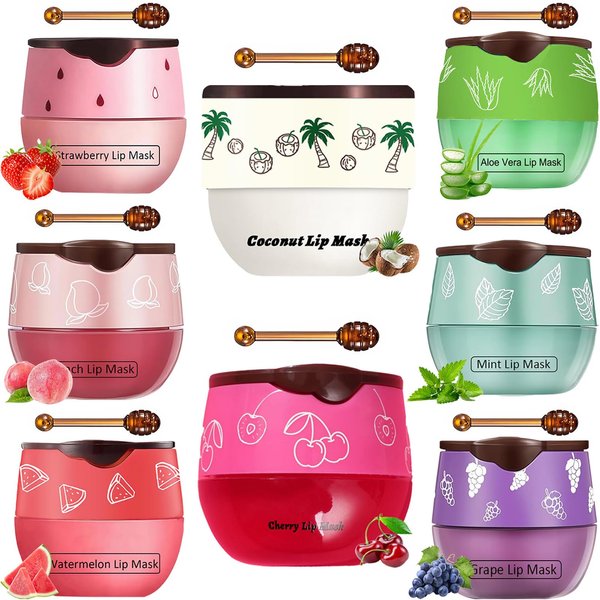 Tnoctuh 8 PCS Bee Lip Balm Honey Pot, Coconut Cherry Mint Strawberry Watermelon Grape Peach Aloe Vera Bee Lip Balm Honey Pot Sleeping Lip Mask Overnight with Stick Prevention Dry and Crack Lip Scrubs