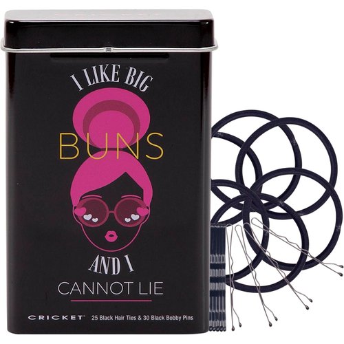 Cricket Hair Accessory Set, I Like Big Buns and I Cannot Lie, 55 PC - Includes 25 Non Metal Hair Ties and 30 Bobby Pins in Reusable Metal Tin, Black