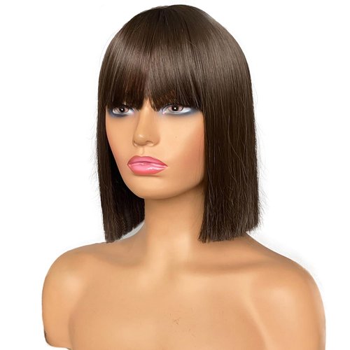 MIMISERVICE Short Brown Straight Wig with Bangs Brown Bob Wig for Women Synthetic High Density and Heat Resistant Wigs