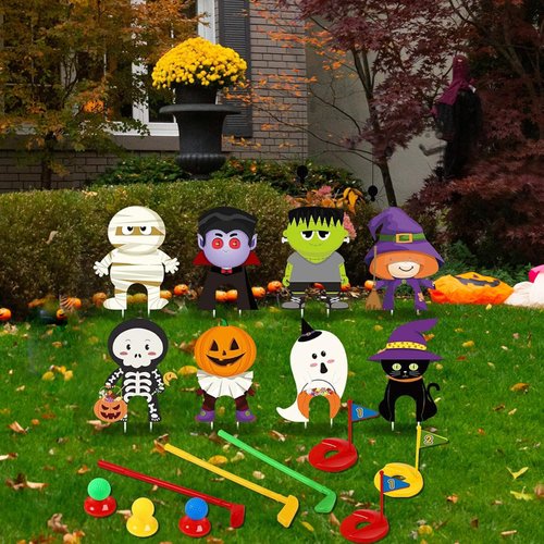 Halloween Golf Game Set Halloween Party Mini Golf Toy Mini Golf Club Set 3 Balls 3 Golf Sticks 3 Flags 3 Tees, 8 Halloween Lawn Yard Decorations for Indoor Outdoor Party Supplies (Scary Style)