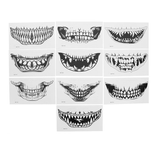 Beaupretty 11pcs Halloween Temporary Face Tattoos Zipper Mouth Scary Mouth Teeth Fake Tattoos Stickers Black and White Tattoo Stickers for Men Women Adults