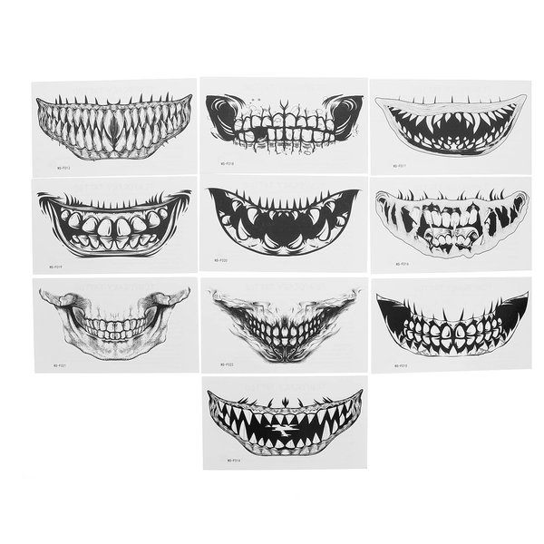 Beaupretty 11pcs Halloween Temporary Face Tattoos Zipper Mouth Scary Mouth Teeth Fake Tattoos Stickers Black and White Tattoo Stickers for Men Women Adults