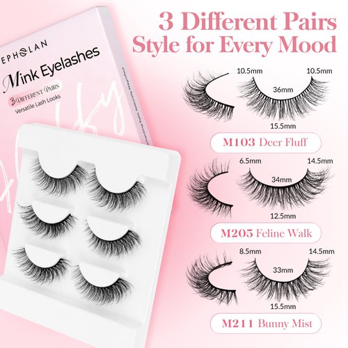 Bepholan False Eyelashes 3D Faux Mink Lashes Natural Look Super Fluffy Wispy Lashes Volume Strip Lashes Cat Eye Lashes 3 Pairs（M101）