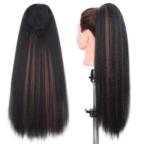 WIGNEE 20 Inches Kinky Straight Ponytail Extension Synthetic Drawstring Ponytail For Black Women Yaki Pony Tails Hair Extensions (20 Inches, 1B/30 Highlights)