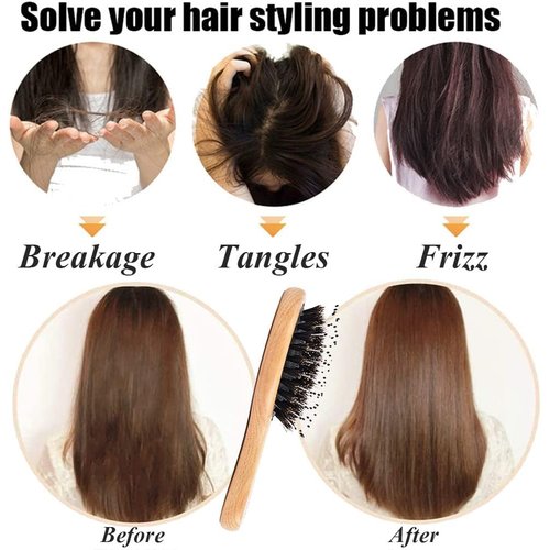 Boar Bristle Detangling Hair Brush Wooden Paddle Brush for Women Men Kids, Anti-frizz Mini Detangler Brush Styling Hairbrush Comb for Curly Fine Hair